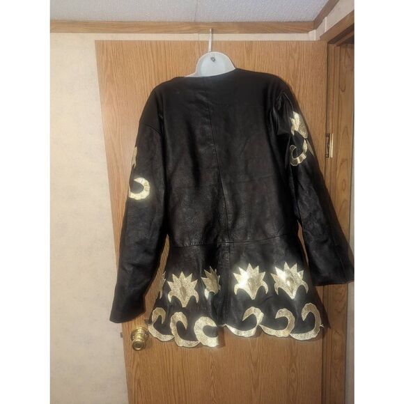 Vintage 80s Man Art Gold Embroidered Black Leather Jacket - Picture 10 of 12